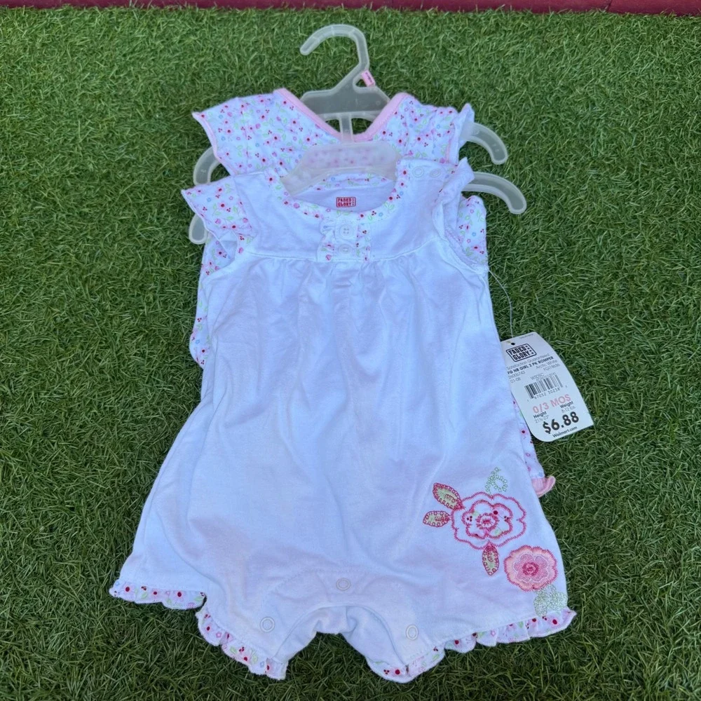 Vtg NWT Y2K Faded Glory Rompers Baby Girls 0/3 Months White‎ Floral Embroidered